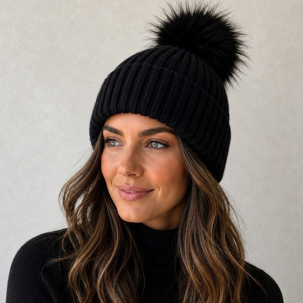 Linda Richards New York Genuine Fur Wool Pom Beanie